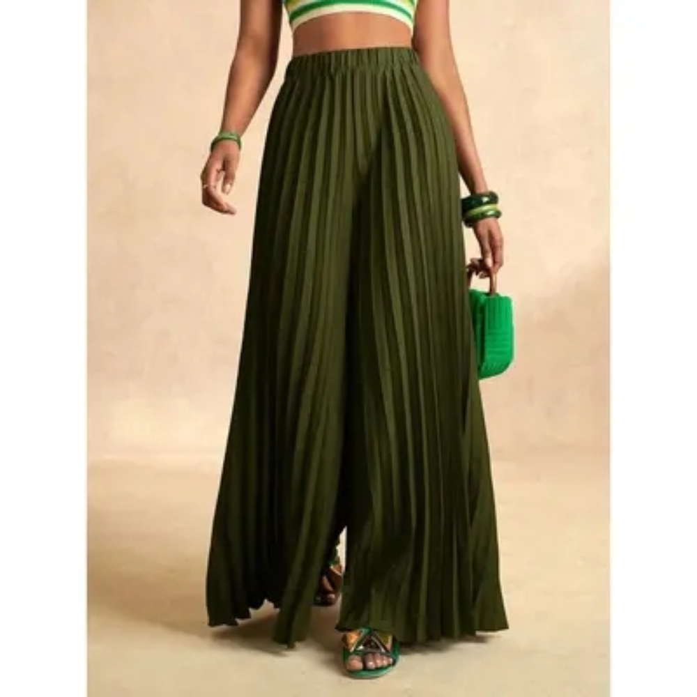Olive Green Pleated Wide-Leg Pants